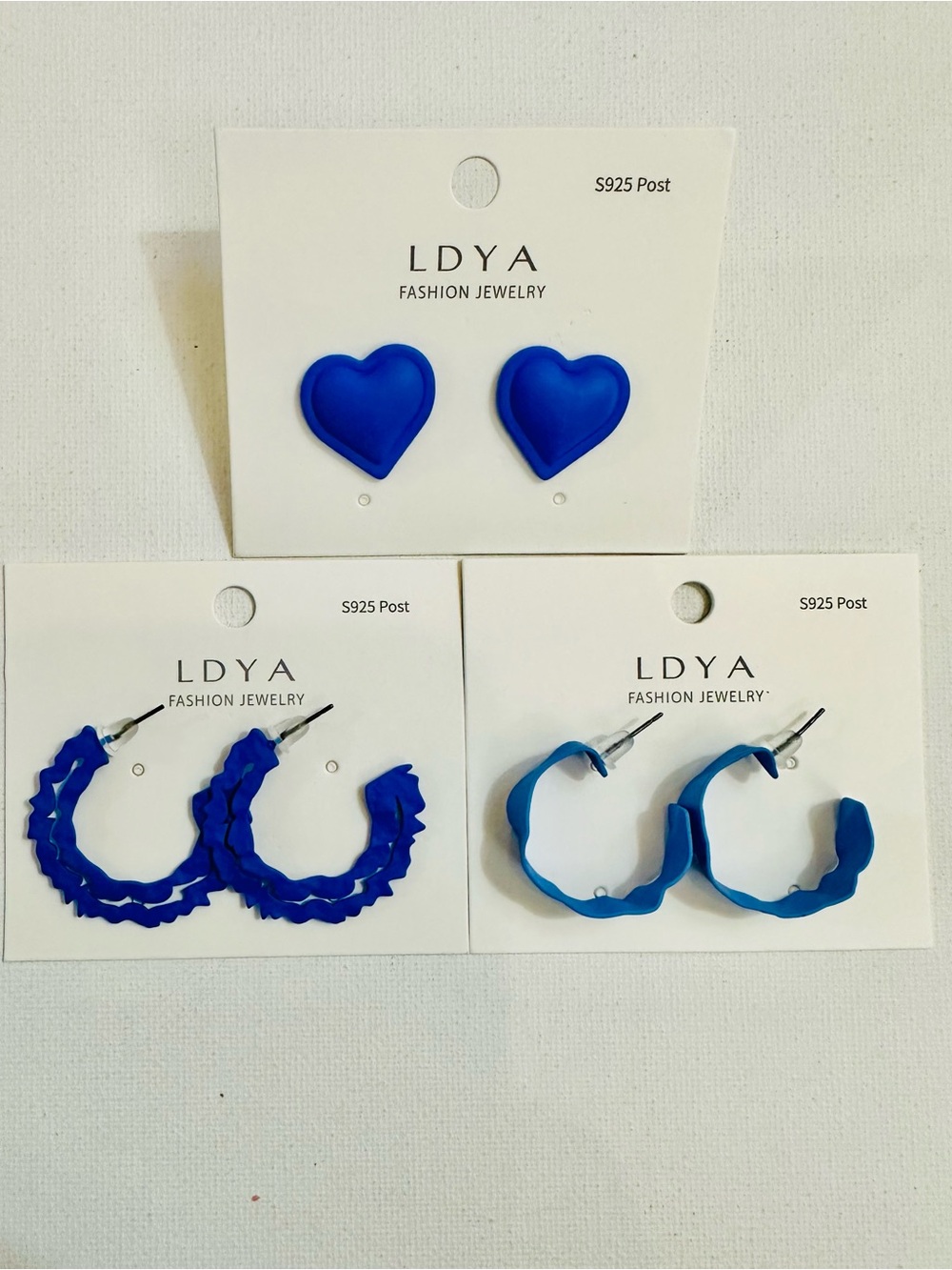 3 Pair Blue Statement Earring Bundle – Heart Studs & Hoops